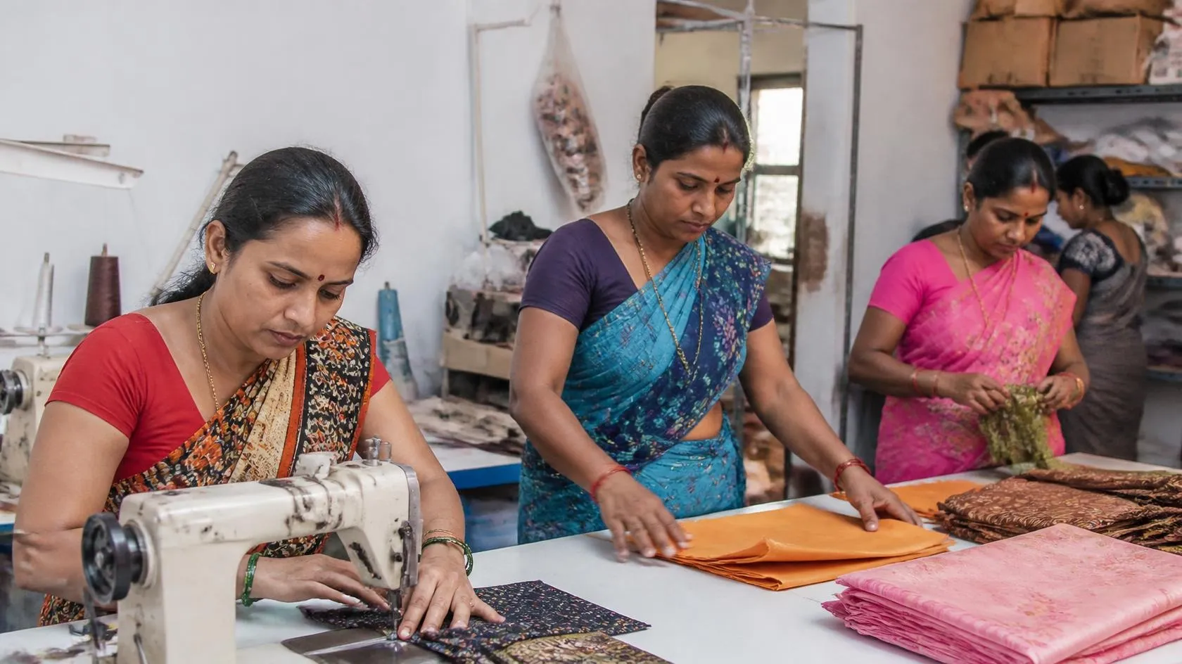 Women entrepreneurs working together in a small production unit